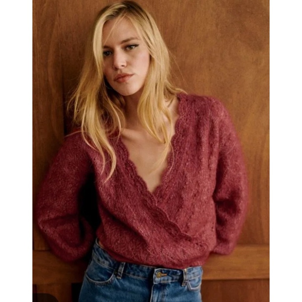 Sezane Nathalia Jumper Raspberry Mohair Merino Wool Lace Wrap Sweater L